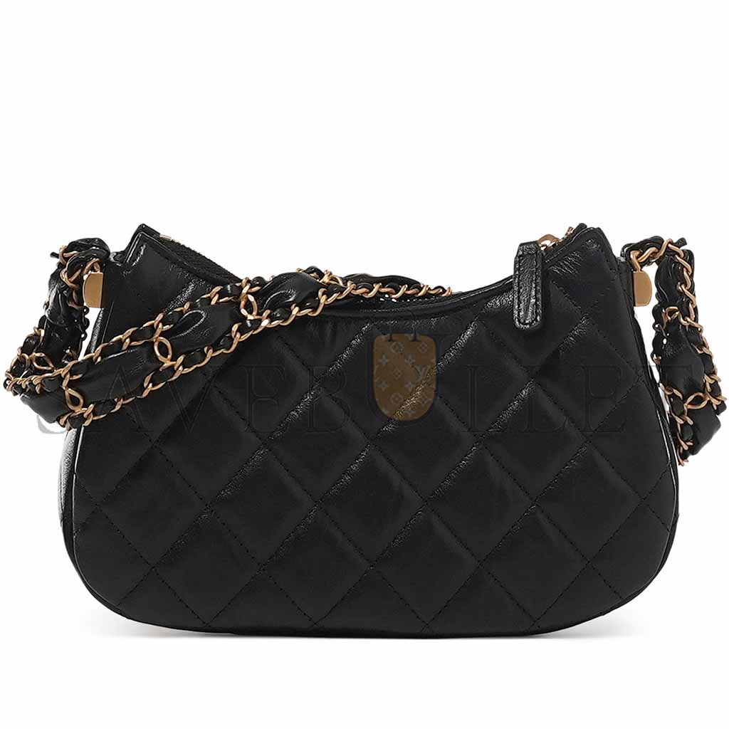 CHANEL BLACK QUILTED LAMBSKIN HOBO BAG BRUSHED GOLD HARDWARE (20.5*12*4.5cm) 